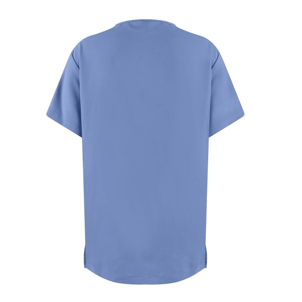 3PC Women's Fashion Solid Short Sleeve V Neck Pattern Tops Pocket Working T-shirts