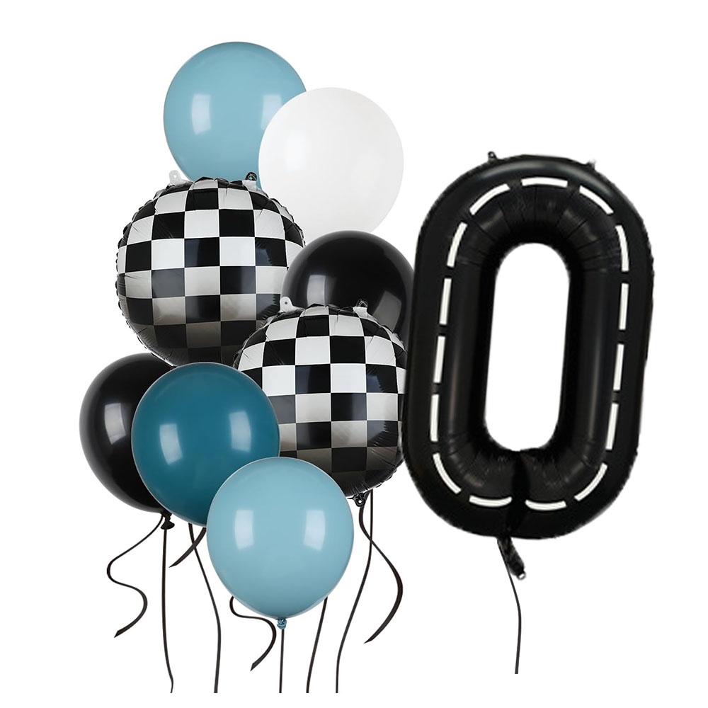 9pcs Race Car Balloons Set Checkered Balloon Blue Black Balloon Boys One Happy 1st 2nd Vintage Two Fast Theme Party Number Decor