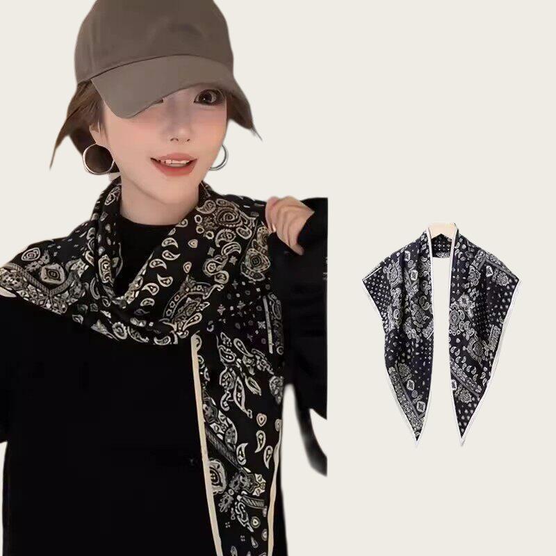 Twill silk triangular scarf, clothing accessories, cashew nut double-sided printed belt, versatile women's rhombus silk scarf, bag head, fart curtain.