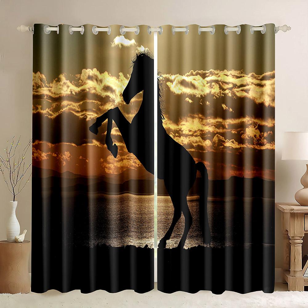 Paarden 3D Digitale Print Raamgordijn Rennen tegen een Zonsondergang Lucht Patroon Wilde Dieren Dun Gordijn voor de Slaapkamer 2 Panelen W50H160(CM)x2&Hook
