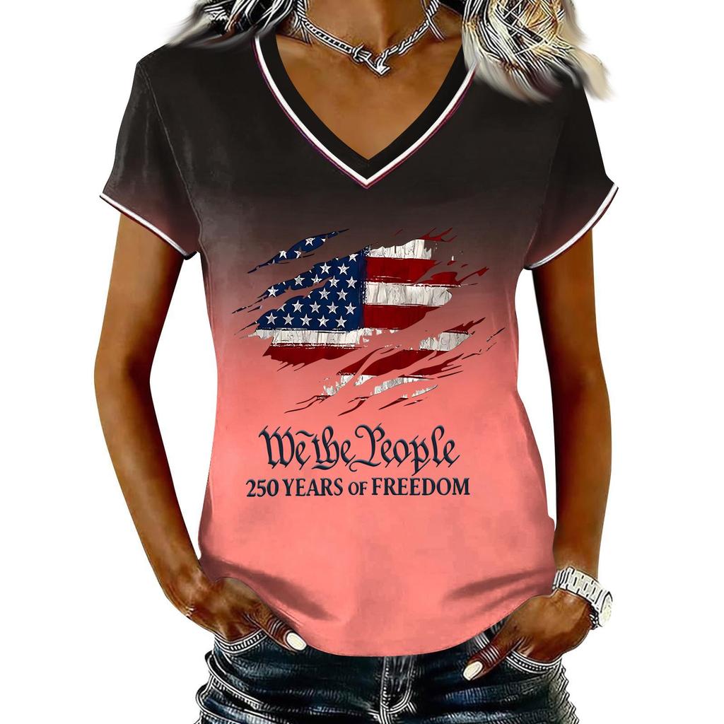 Women Casual V Neck Short Sleeve Pullover T Shirt Gradient American Flag Print Top Independence Day Patriotic Style Summer Tee