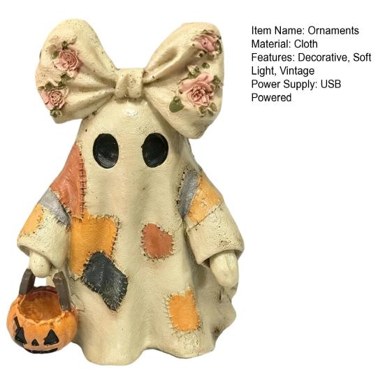 Lighted Vintage Patchwork Ghost LED Light Ghost with Pumpkin Lantern Halloween Decor Vintage