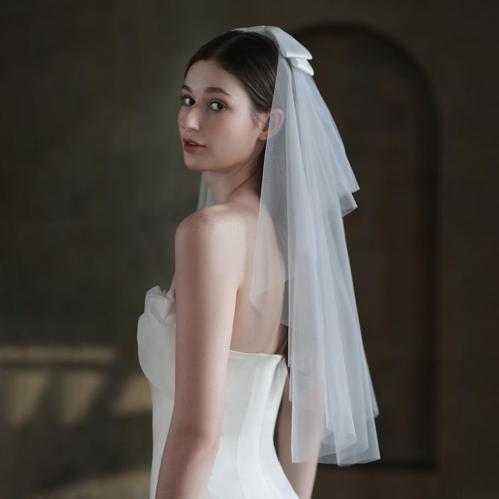 WTEMPO White Bridal Veil Registration Photo Props Wedding Bow Headwear Engagement Proposal Confession Fluffy Veil