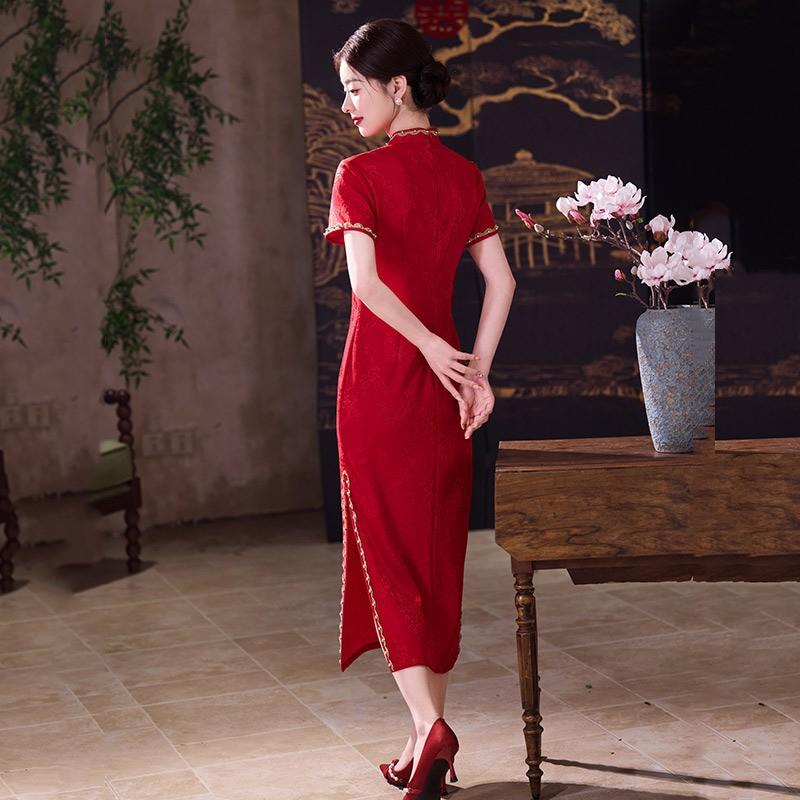 Modern Red Cheongsam Dress Women Vintage-Inspired Wedding Guest Outfit Short Sleeve Stand Collar Formal