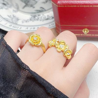 Medieval Vintage Brushed Camellia Zir*****Pen Ring Gold Flower Niche Stacked High-End Ring