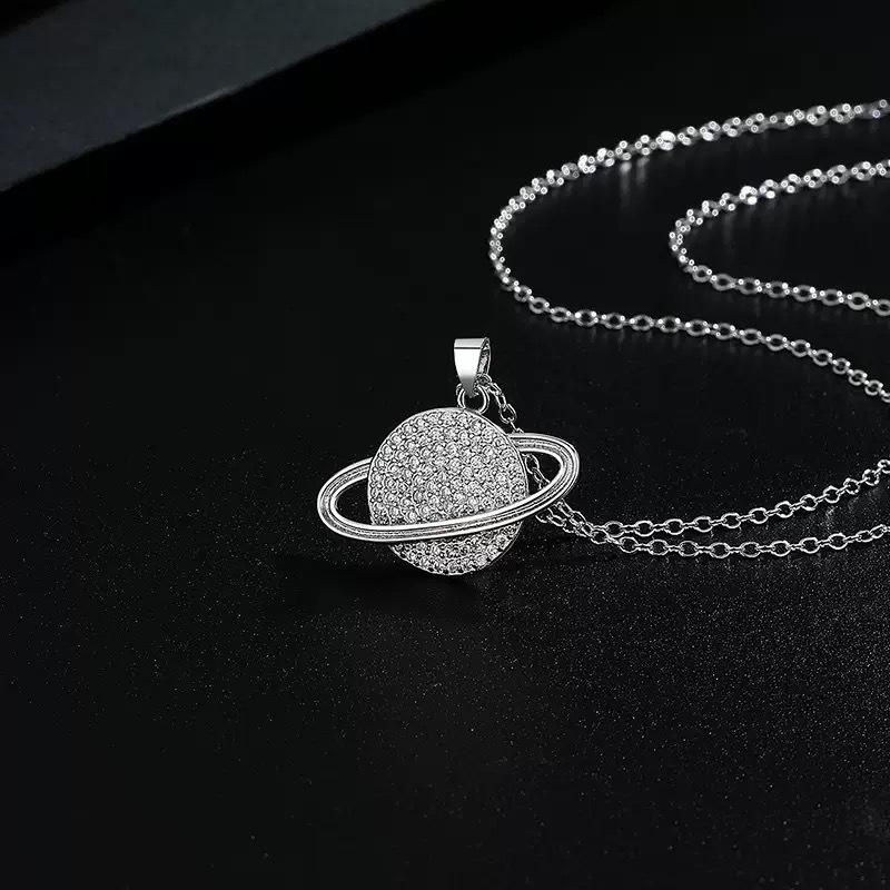 Saturn Planet Full Diamond Titanium Steel Necklace: Women's Luxury Clavicle Chain