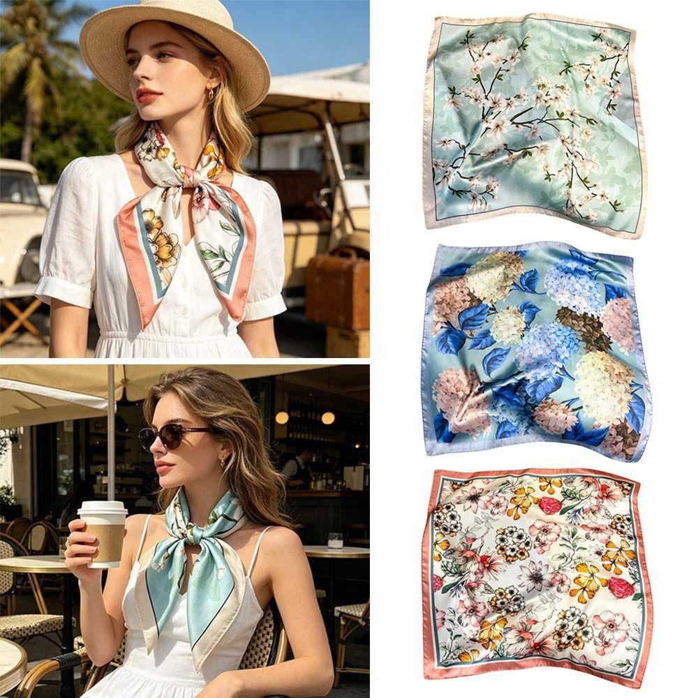 65*65cm Fashion Luxury Women Silk Scarf Square Flowers Print Hair Scarf Breathable All-Match Headband Scarf