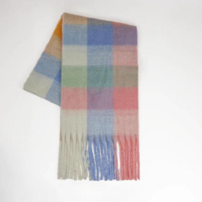 Autumn and winter European and American color matching AC imitation cashmere thick fringed scarf rainbow plaid mohair warm female student plus