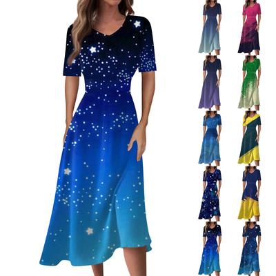 Ladies Casual Fashion Gradient Print V-Neck Short Sleeve Waist Long Swing Dress