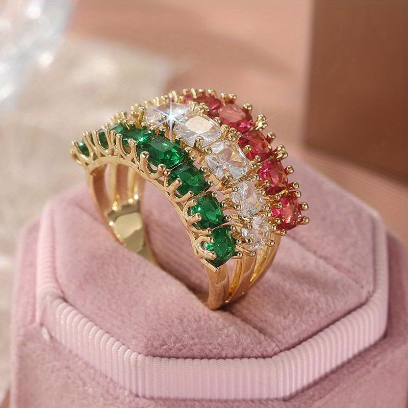 [Retro Bohemian Ring] Marquis Cut Red, White & Green Cubic Synthetic Zirconia Handmade Retro Bohemian Women's Engagement Ring | Golden-Tone KC Plating