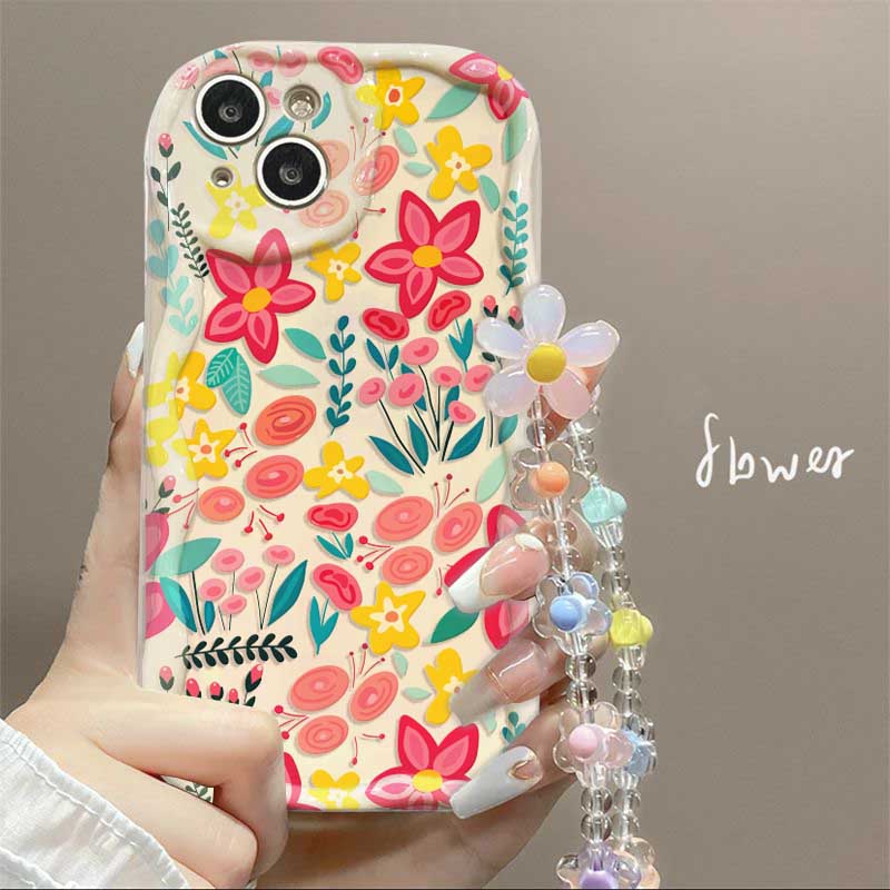 Case For Google PIXEL 9 10 PRO XL 8 7 PRO 8A 7A 5G Floral Flower Print Wrist Chain Wavy Edge Soft Cover