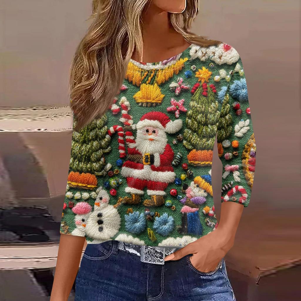 Women's Fashionable Casual Three Quarter Sleeve Christmas Printed Round Neck Top