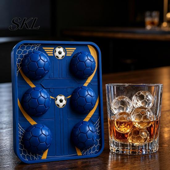 Reusable PET Ice Tray 3D Soccer Cube Mold, 6 Cavity Large Slow-Melting Sports-themed Tray, Novelty Ball for Whiskey Bourbon Cocktails Sports Cubes