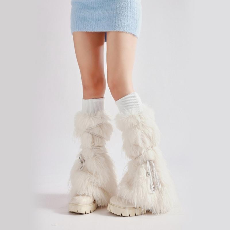 Women Harajuku Ribbed Cuffs Plush Leg Warmers with Ties Bandage Furry Boot Covers Flared Leg Sleeves Footless Socks