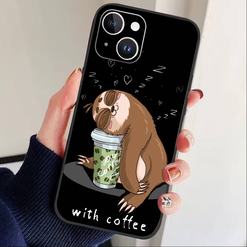 Animal Cute Cartoon Sloth Phone Case For iPhone 17 16 15 14 13 12 Max Plus Silicone Black Cover iPhone13PRO