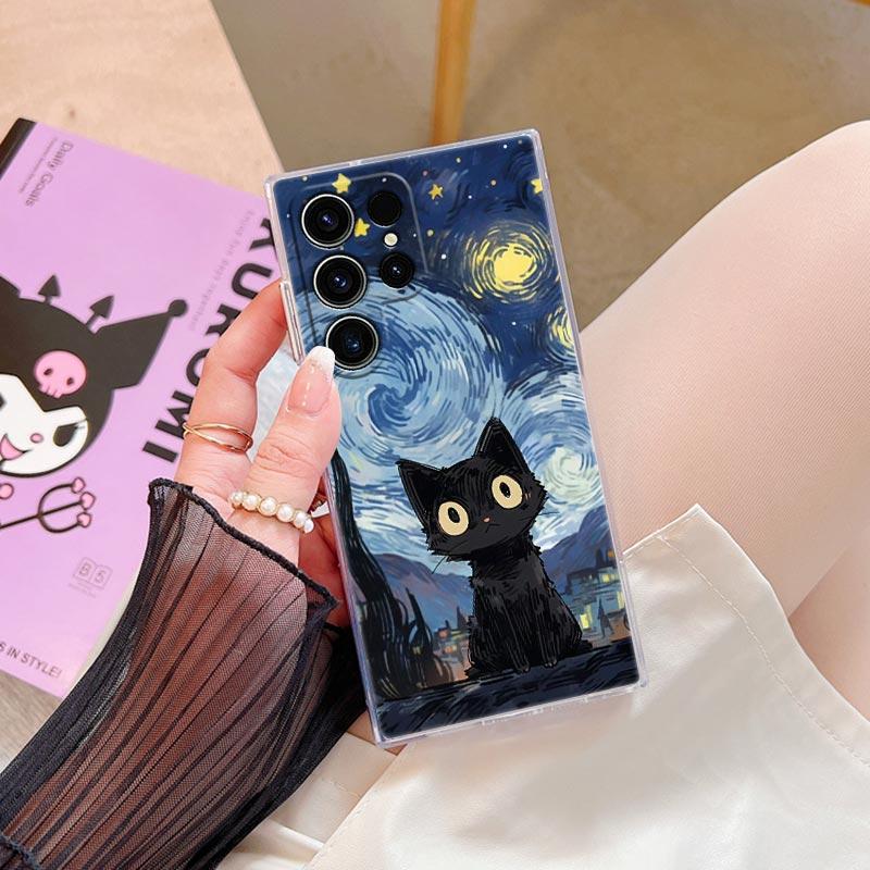 Retro Oil Painting Starry Sky Cat Clear Case For Samsung Galaxy S26 S25 S24 S23 Ultra S20 S21 FE S22 Plus S26 Ultra Phone Cover