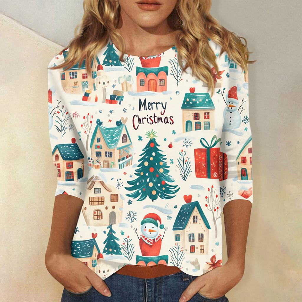 Damebluser Trekvart ermet skjorte V-hals Løs fritidsskjorte Trykk T-skjorte