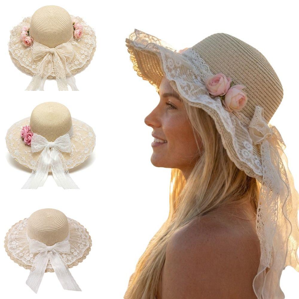 Fashion Lace Bow Sun Hat Adjustable Lace Ruffle Wide Brim Hat Breathable Straw Beach Hat Outdoor Travel