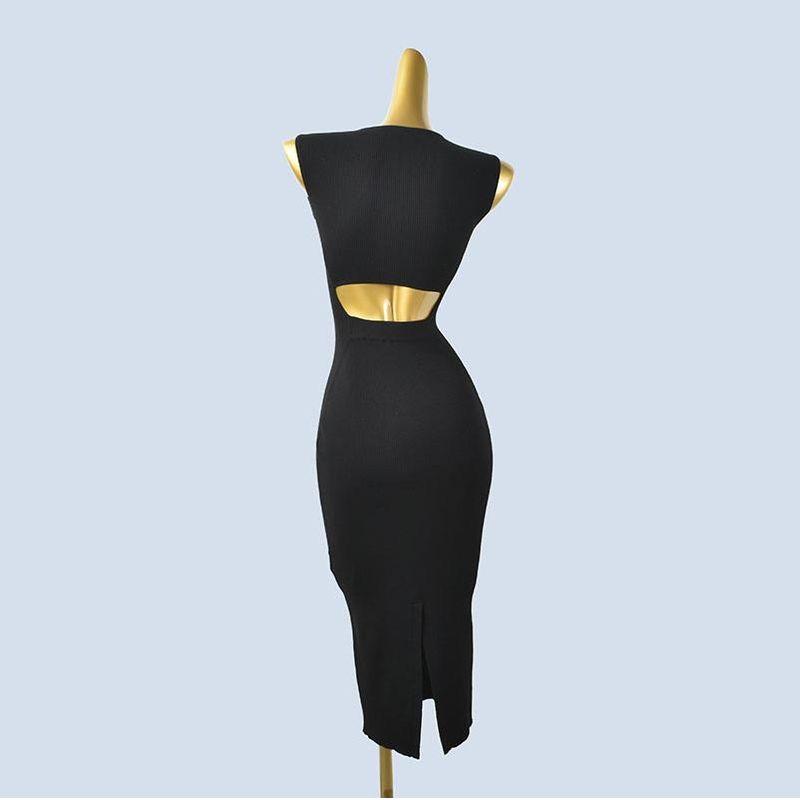 Trade Order U Collar European and American Sleeveless Open Waist Slim fit Split Knitted Sheath Mid-Length Women Slimming Dress Spring and Autumn