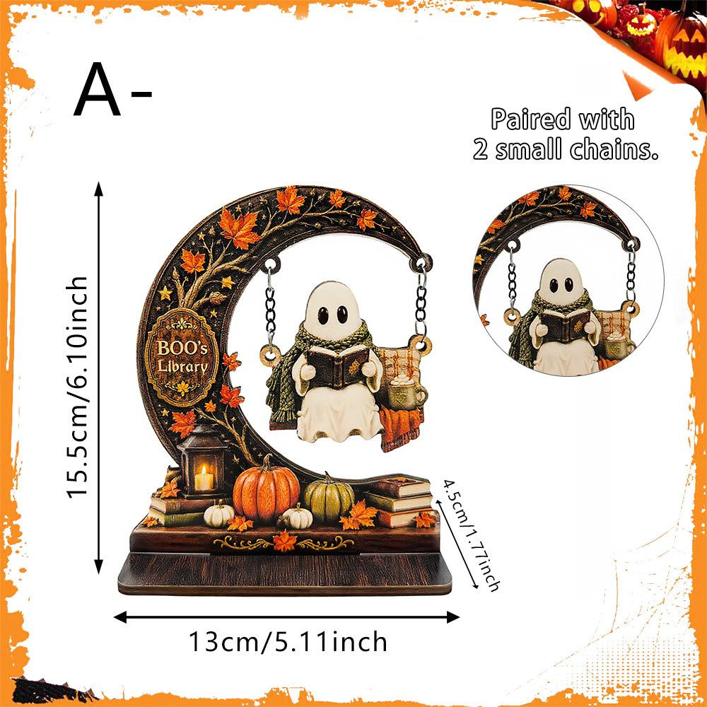 Halloween Moon Ghost Skull Swing Doll Reading Book Wooden Display Piece Bookcase Shelf Atmosphere Decoration