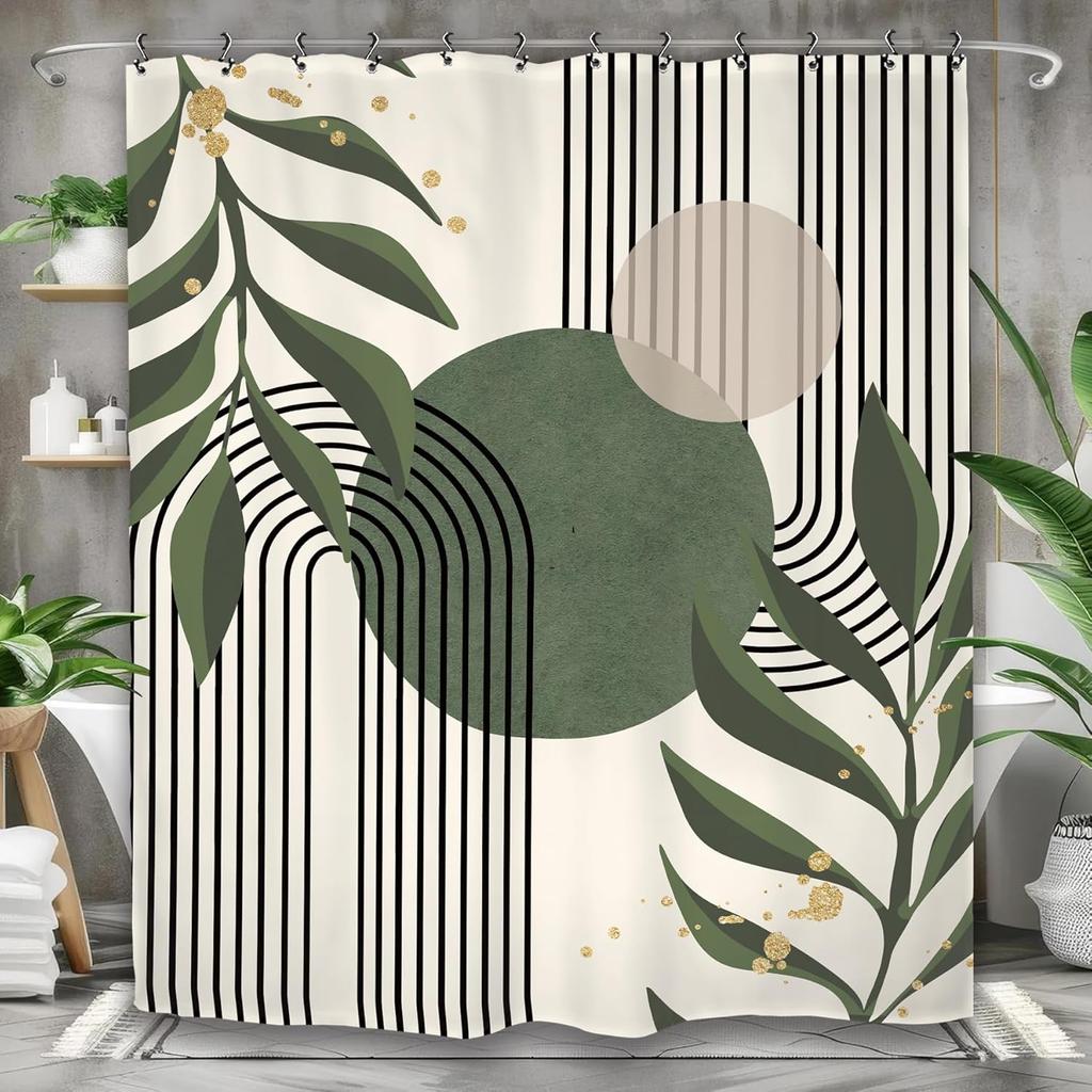 Sage Green Abstract Shower Curtain, Modern Mid Century Minimalist Leaves Plant Decor