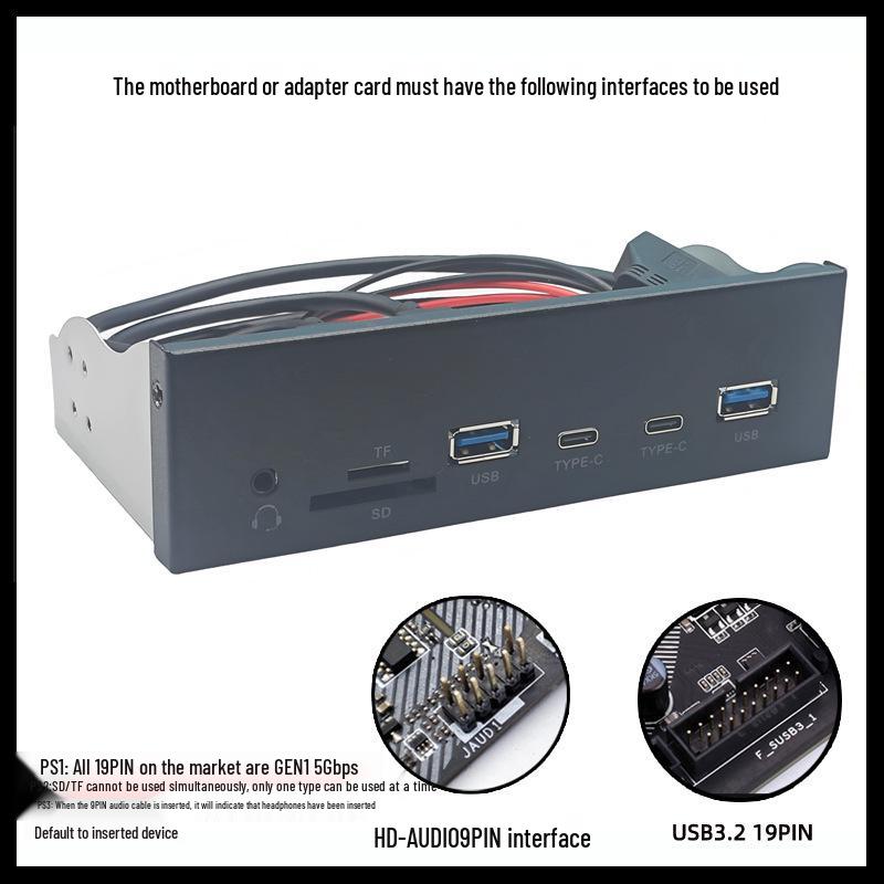 5.25-inch USB 3.2 Gen 1 Optical Drive Bay Panel with HD Audio, USB-A, USB-C, and SD/TF Card Reader