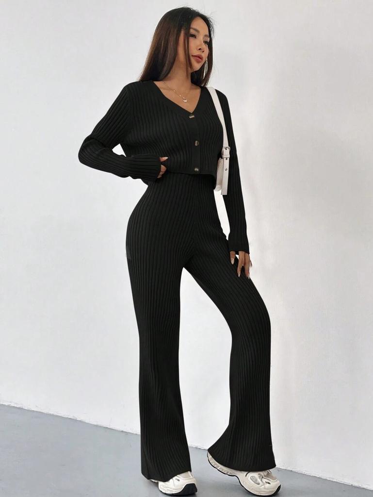 Solid Color Two-Piece V-Neck Short Knitted Cardigan Flared Pants