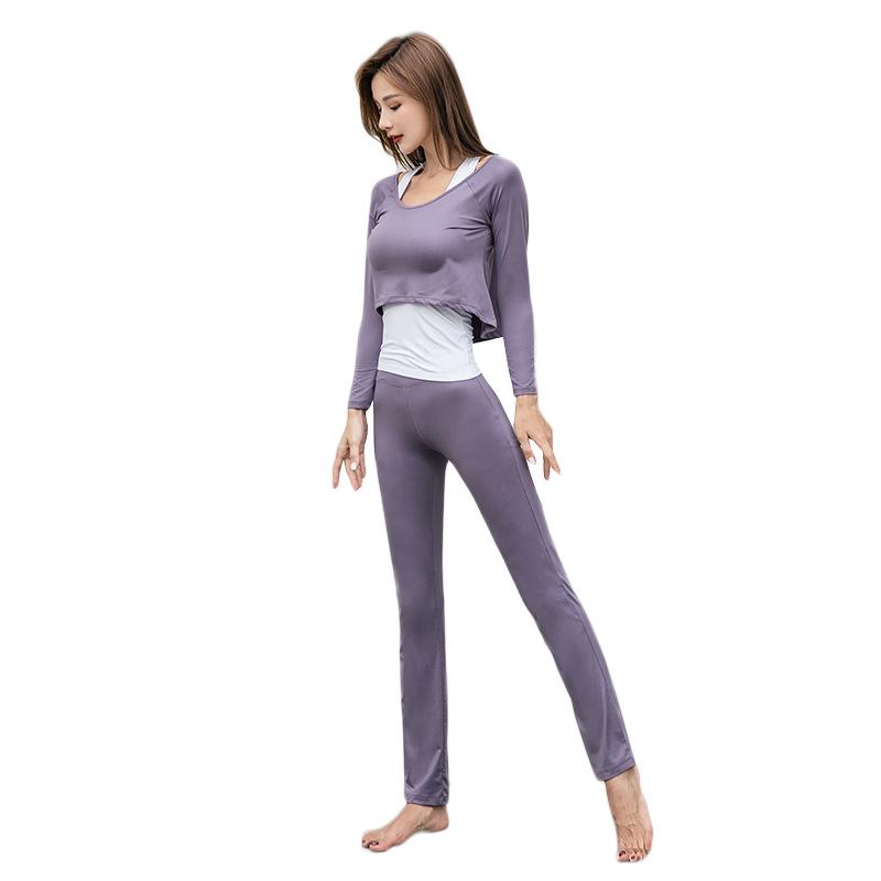 Women's Korean-Style Slimming Yoga Set with Chest Pads - Nude-Feel Double-Sided Brushed Medium-Long Sleeves