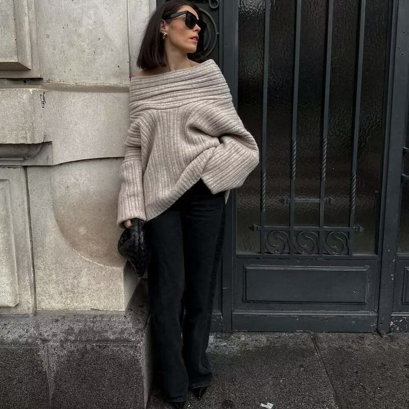 Zbzr Spring New Women Clothes Western Style Fashion Temperament Versatile Lazy off-Shoulder off-Shoulder Knit Sweater