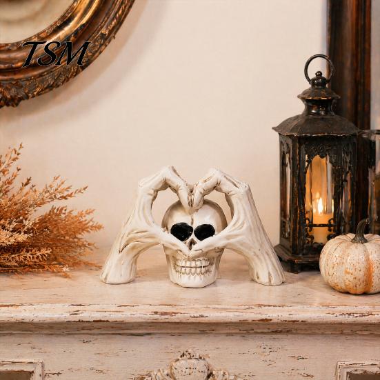 Creative Tricky Festival Gift Gothic Skeleton Hands Heart Sculpture with Skull, Romantic Love Statue, Halloween Theme Souvenir Shape Finger