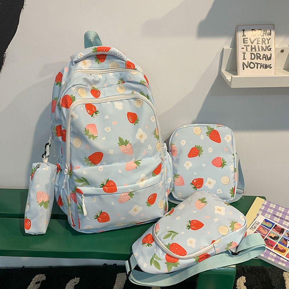 4Pcs/Set Cute Strawberry Print Backpack Large Capacity Nylon School Bag Shoulder Bag Studeng