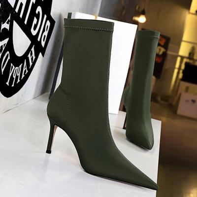Fashion Women 10cm High Heels Winter Thermal Boots Green Low Heels Stretch Silk Ankle Boots Lady Warm Pointed Toe Sexy Party Shoes