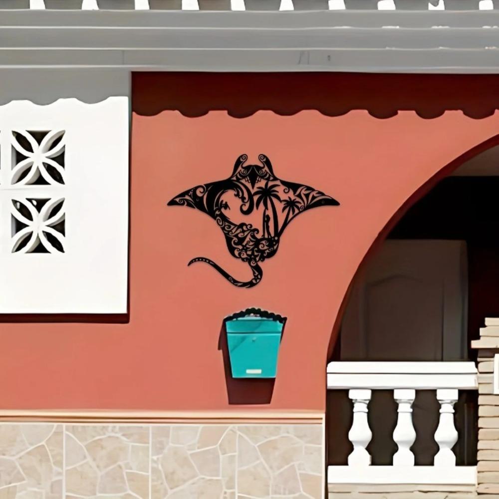 13.7 Inch Tropical Manta Ray Iron Wall Art, Metal Painting for Garden Patio Outdoor Decor, Island Style Seaside Retreat