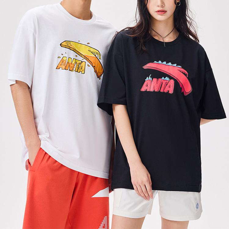 Anta Cartoon Letter Logo Print Round Neck Short Sleeve T-Shirt Unisex Tops Snow-White 972328114-1