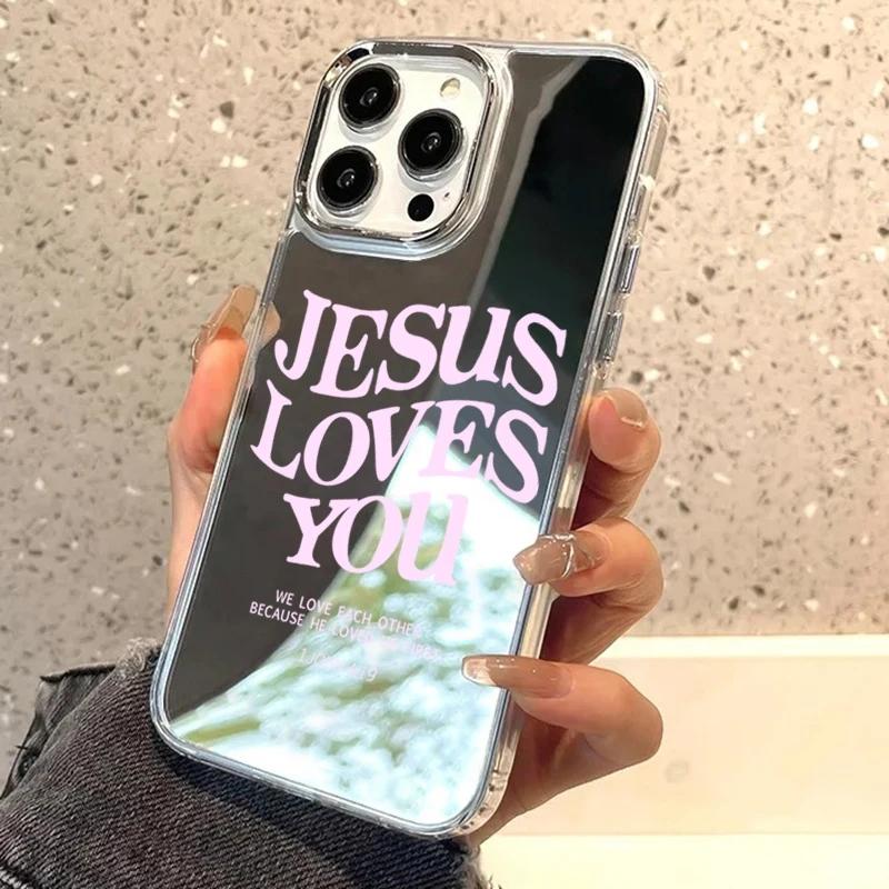 Pink Letters Jesus Loves You Makeup Mirror Phone Case For iPhone 17 AIR 16 15 14 13 12 11 PRO MAX PLUS Y2K Protective Cover