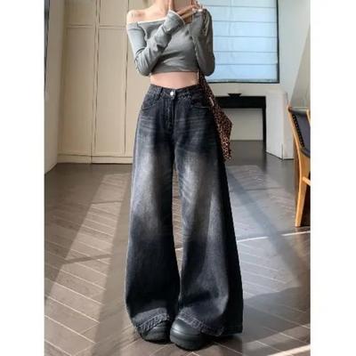 Sonbahar Amerikan Retro Yıkanmış Eskitilmiş Dökümlü Kot Pantolon Mizaçlı Çok Yönlü Geniş Bacak Pantolon Kadın