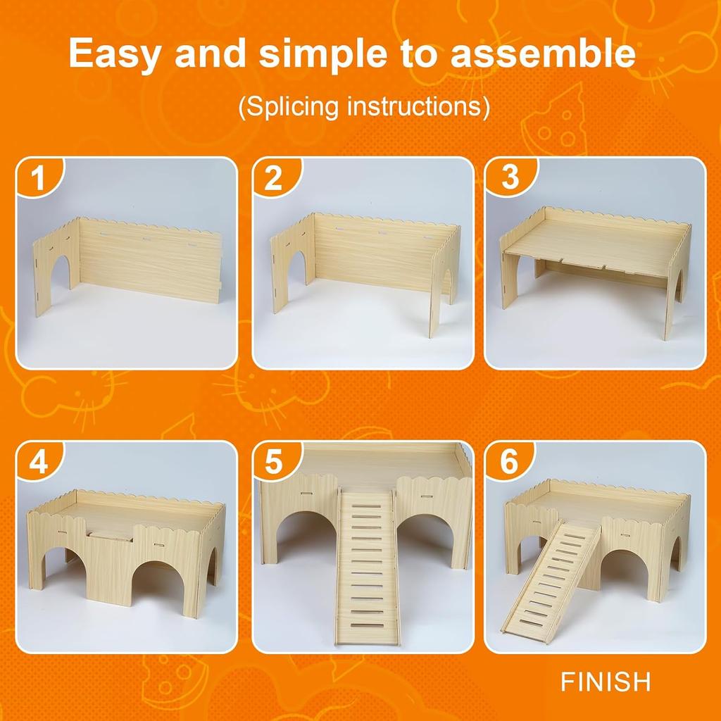 Large Guinea Pig Hideout, Upgraded Wooden Guinea Pig Castle with Guinea Pig Ramp, Easy To Assemble Guinea Pig House for Small Animal House Habitat or