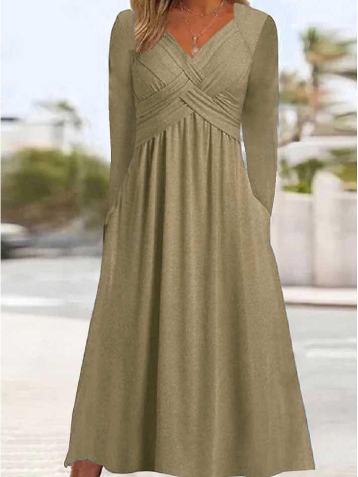 

2025 Autumn/Winter Women s V-Neck Long-Sleeve Pleated High-Waist Dress M хакі