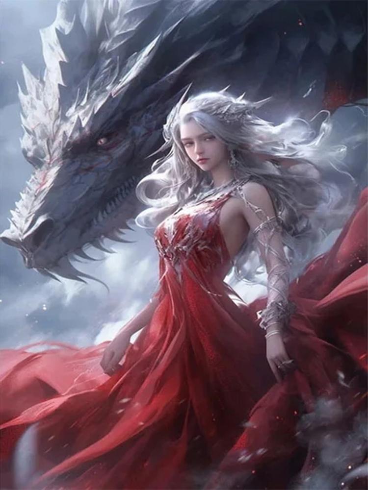 Pictură cu diamant de femei și dragoni 5DDiy, rotund complet, pătrat, mozaic, cruce, brodat, pictură cu animale, decorație de perete