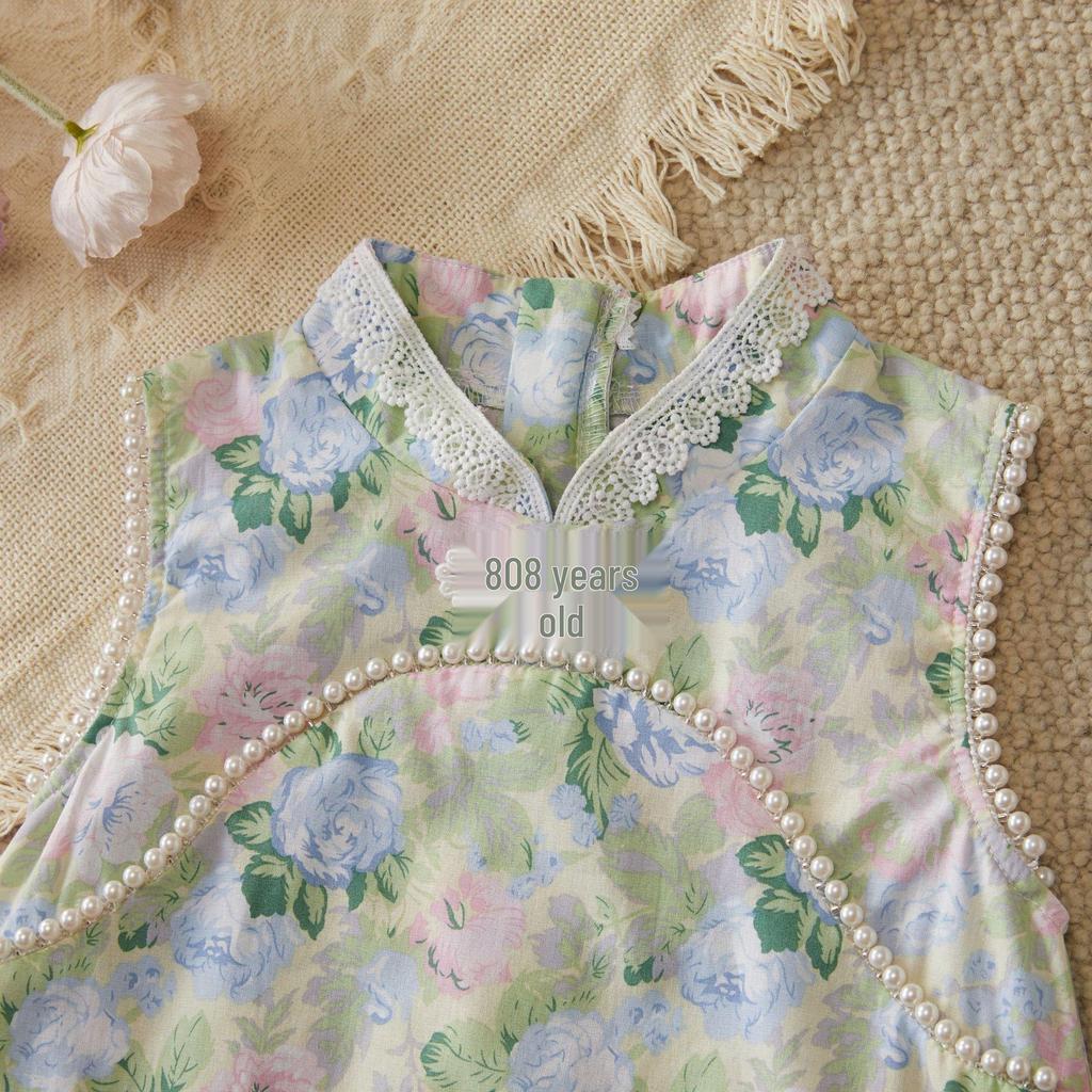 Stylish Summer Cheongsam Dress for Girls - Fashionable Pearl-Printed Design