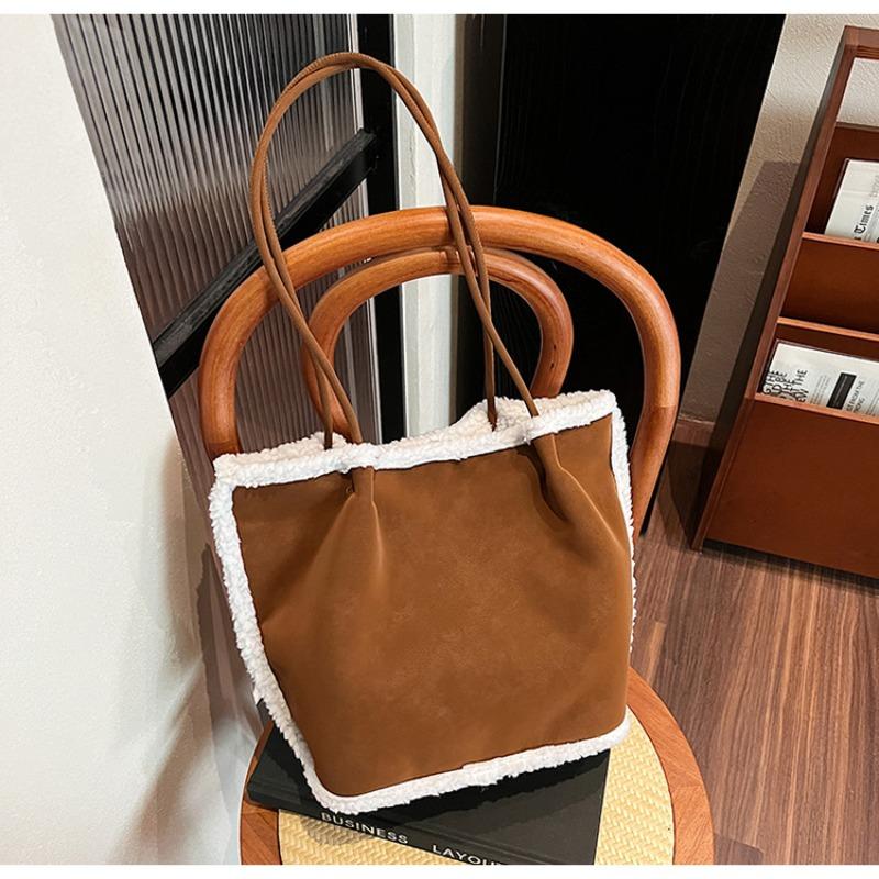 

Commuter temperament Large capacity retro vegetable basket New autumn and winter splicing suede single shoulder underarm women s bag коричневый