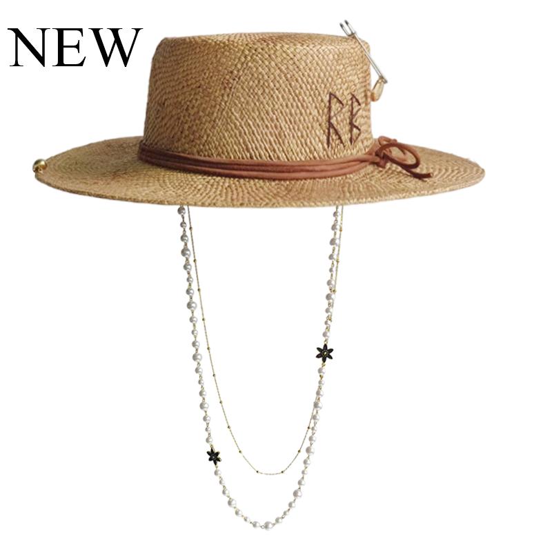 Personalized Flat Top Straw Hat Handmade Design Hat Pearl Chain Summer Sun Hat New Letter Hat Beach Women Gorras Para Hombres