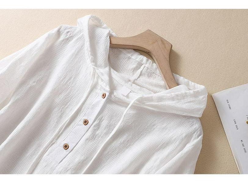 2024 Summer Women's Hooded Cotton-Linen Shirt: Chinese Style Jacquard Embroidered Casual Top