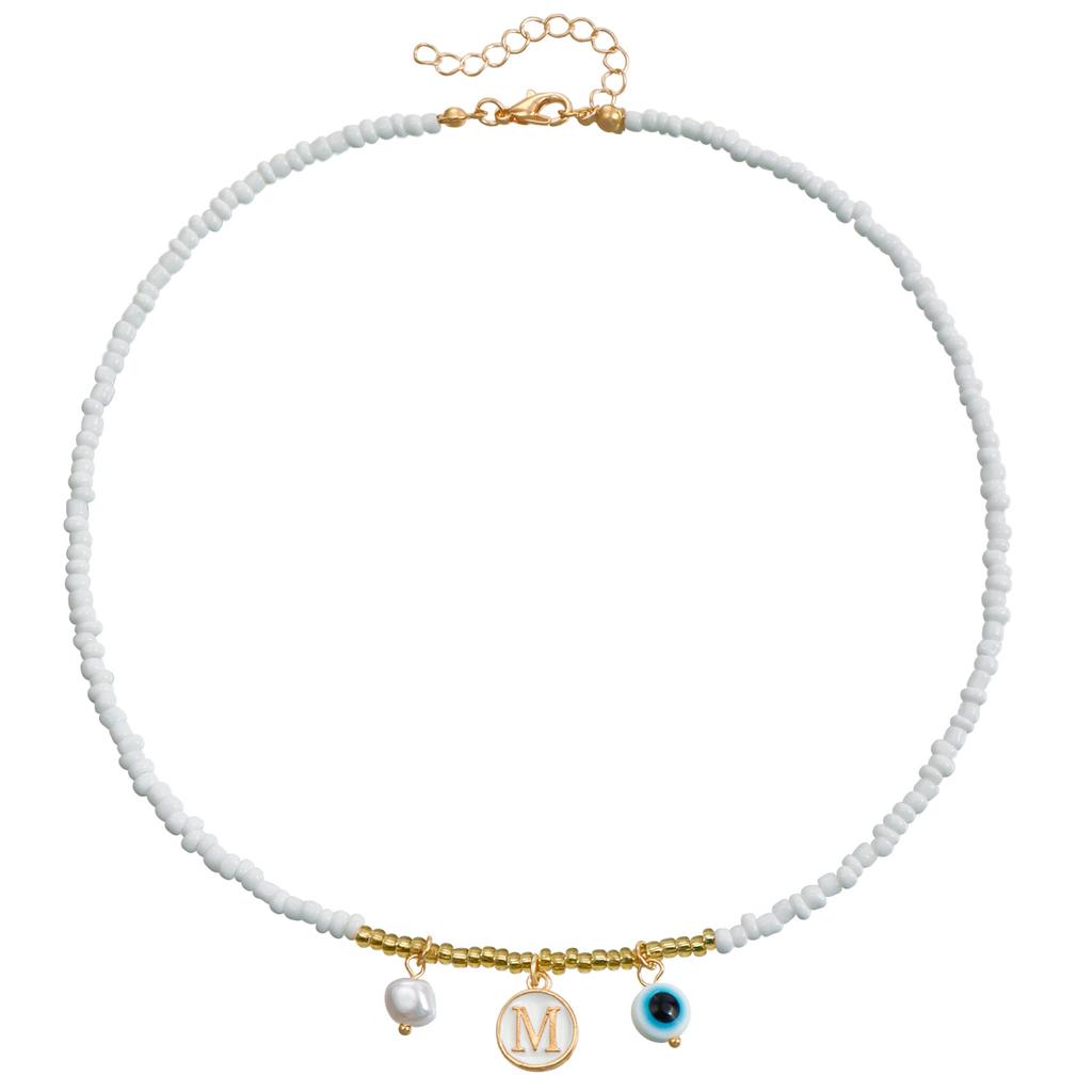 Exclusive, Bohemian White Rice Bead Beaded Necklace, Ethnic Style Alphabet Eye Pendant Necklace