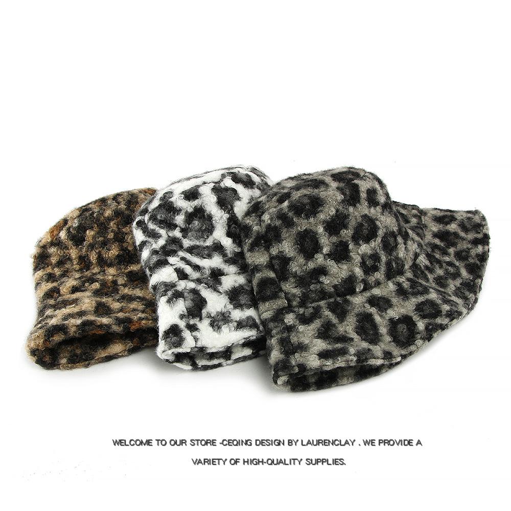 Autumn Winter Women's Leopard Fisherman Hat Lamb Plush Warm Basin Hat Sun Protection Cap