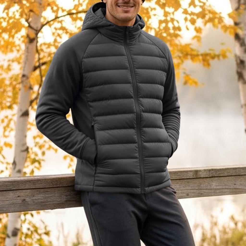 Men's Lightweight Quilted Hooded Jacket with Synthetic Down for Fall and Winter
