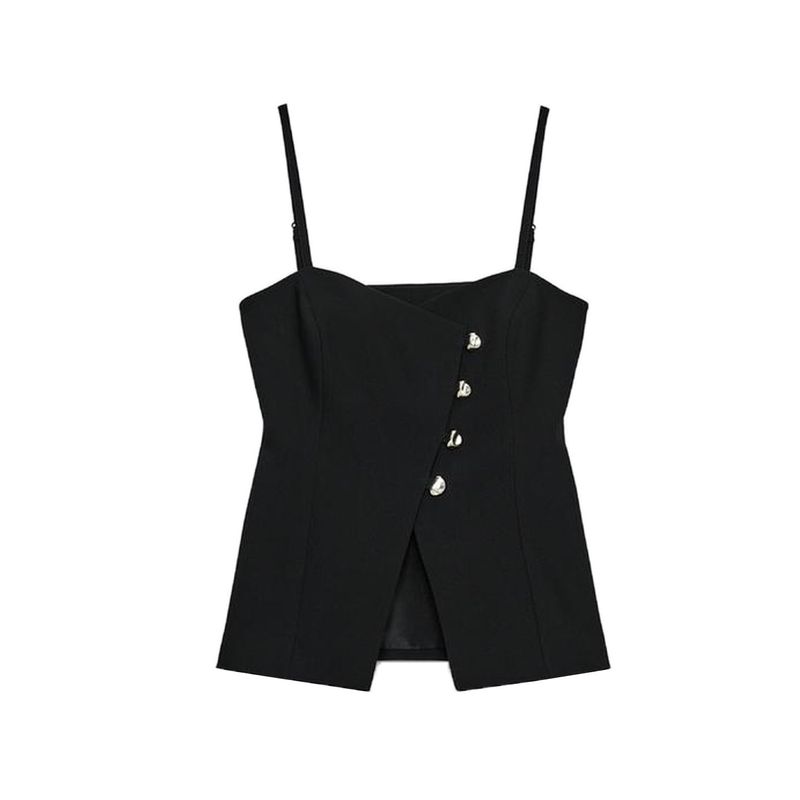 Fall New Women's Clothing Fashion Style A- line Hem Sling Button V Neck Spaghetti Strap Tops 8324696