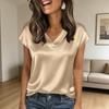 Women Tops Loose Fit Summer Blouse V-Neck Short Sleeve Smooth Satin Soft Stretchy Pullover Tops Commuting Style Blouse Daily Wear