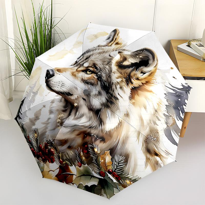 1pc Winter Wolf Pattern Automatic, 8 Iron Frames, High-Value Folding Umbrella, Suitable for Office, Travel and Outdoor Adventure.A090