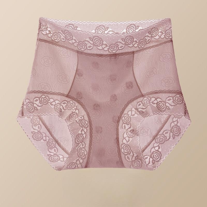 Big Size Lady Spring and Summer Sexy Lace Antibacterial Mulberry Silk Extended Crotch High Waist Belly Non Scratch Flat Angle Underwear
